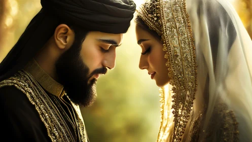Islamic Wedding Couple in Golden Embroidered Traditional Attire.