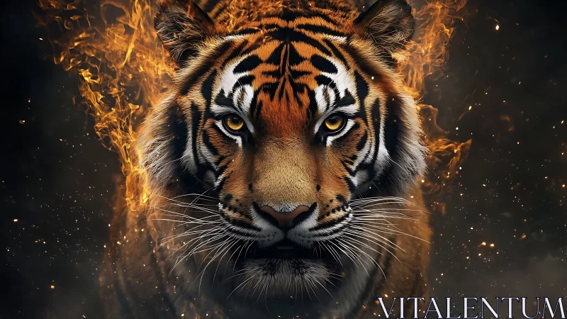 Inferno-eyed tiger strides through embers and smoke.