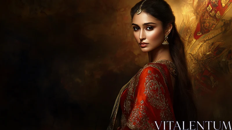 Digital painting portrait with ornate bridal textile detailing.