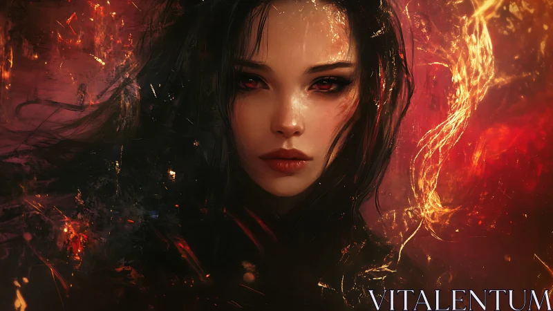 Fiery sorceress portrait in molten crimson digital chiaroscuro.