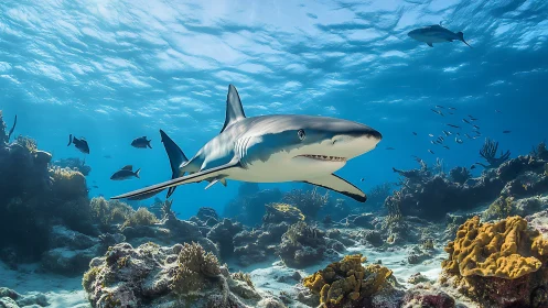 Shark swims over coral reef in clear shallow tropical water