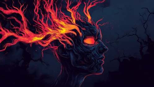 Flaming spectral portrait ignites the darkness with molten light