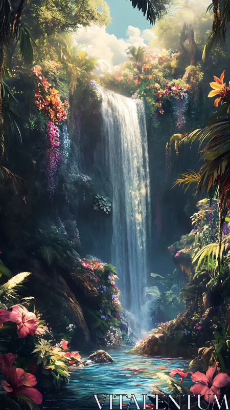 Enchanted jungle waterfall cascades into a lush floral pool.