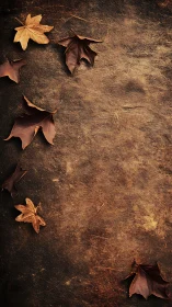 Autumn maple leaves on distressed sepia textured ground surface.