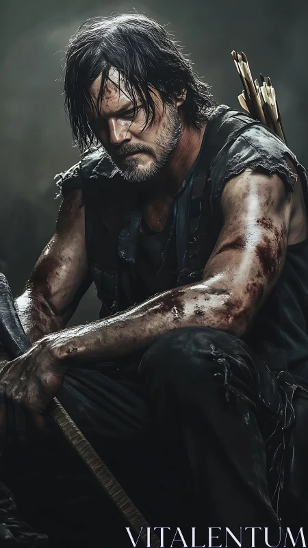 Wounded archer rests in dim light with bloodied arms