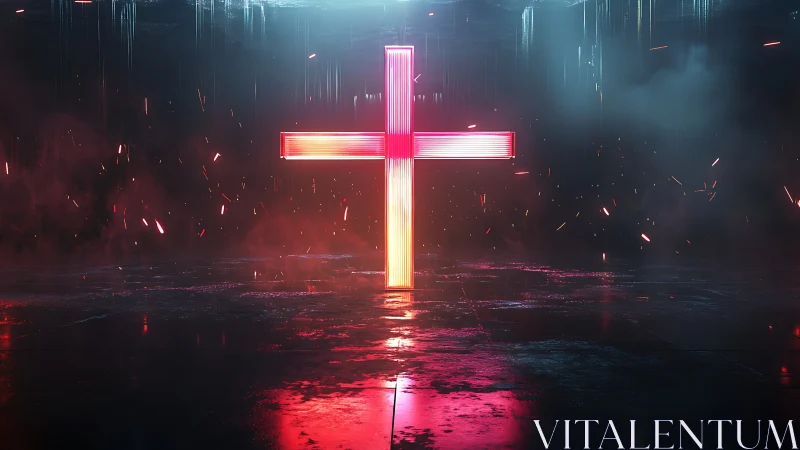 Luminous neon cross glows in a dark, futuristic chamber