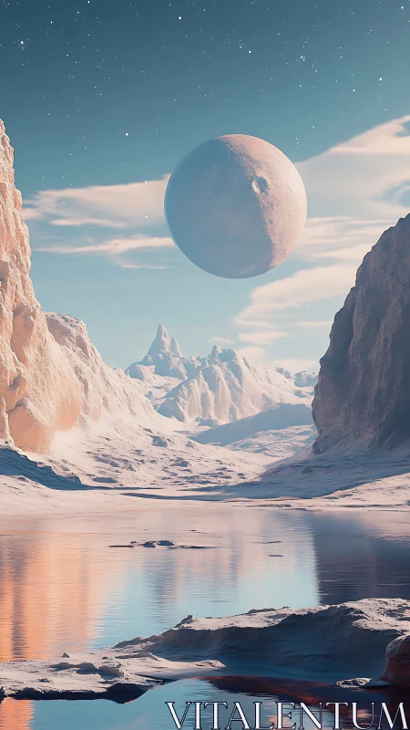Icy canyon landscape with large moon above reflective water.