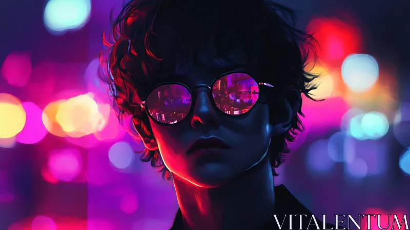 Neon city dreamer with midnight glasses and electric glare.