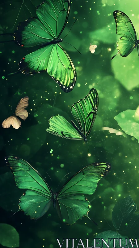 Green butterflies in dense luminous forest background scene.