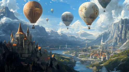 Airships drift above a luminous fantasy river kingdom