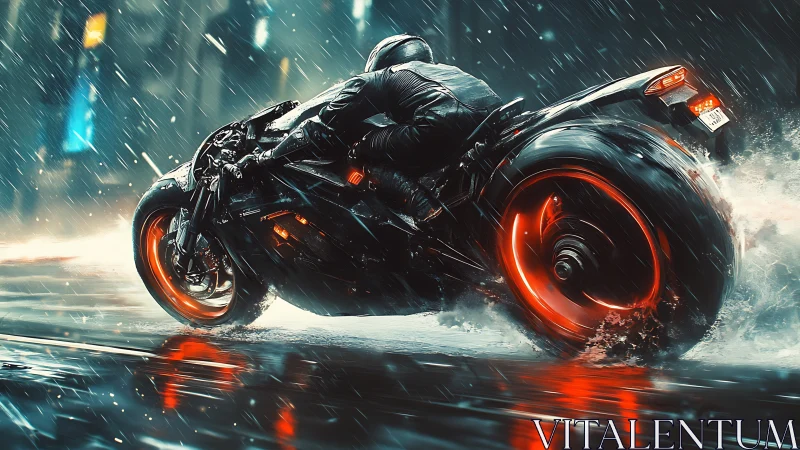 Motorcyclist leans through wet city street on glowing wheels