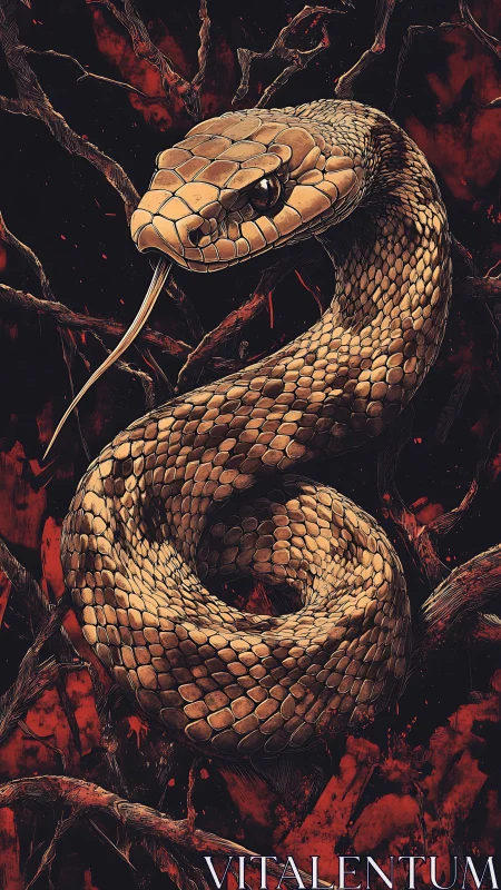 Coiled serpent dominates blood-red void with razor detail.