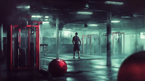 Backlit athlete stands in foggy industrial gym under harsh fluorescents