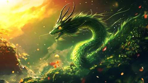 Emerald dragon coils through glowing sunset valley in mythic calm