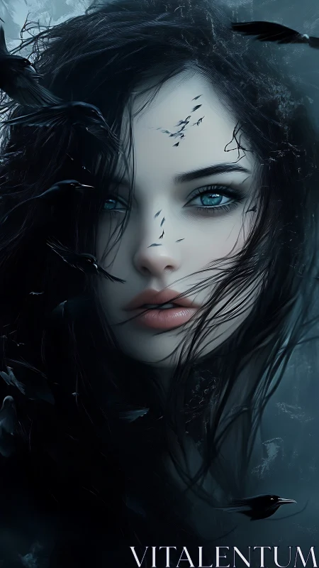 Nocturnal siren portrait with ravens and icy teal eyes.