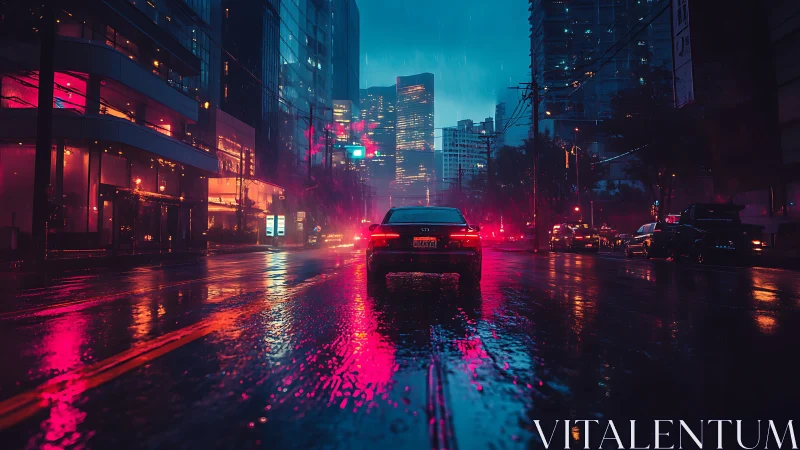 Rain-soaked neon boulevard reflects rear-lit sedan with high contrast