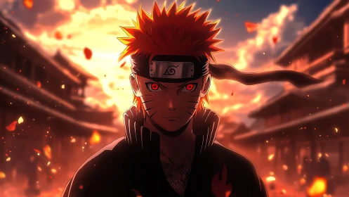 Anime ninja figure stands before burning village backdrop