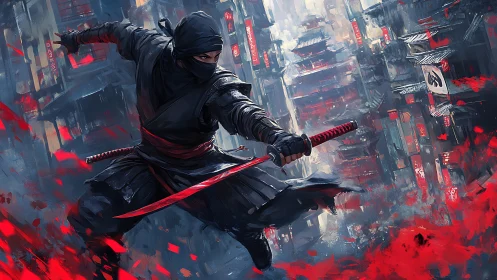 Masked ninja warrior leaps through dense urban skyline