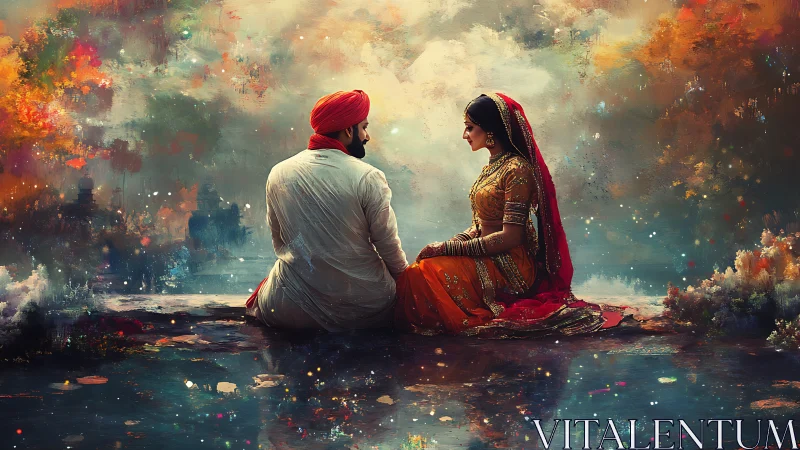 Romantic Indian couple beside reflective dreamlike water.