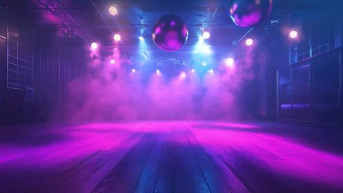 Neon-lit empty nightclub stage with volumetric haze rendering.