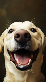 Joyful close-up of a smiling golden dog in soft light.