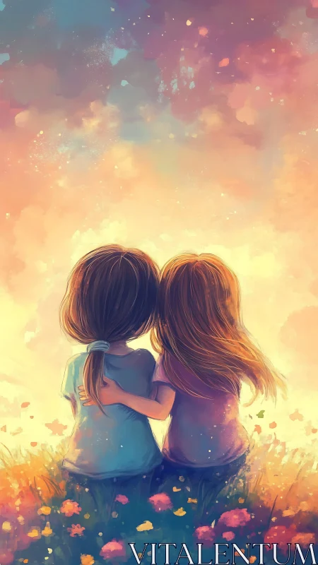 Two Figures Embrace Against Luminescent Sunset Gradient