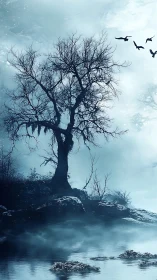 Bare winter tree over misty lake under pale blue sky.