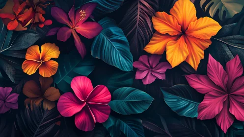 Tropical Bloom Symphony: Vibrant Petals Dancing on Obsidian Canvas.