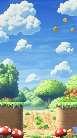 Colorful side scrolling forest platform with coins visible