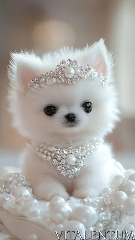 White teacup puppy posed with baroque pearl and crystal regalia