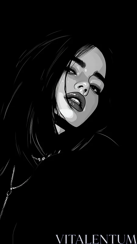 Monochrome portrait shows glossy-lipped woman in shadow