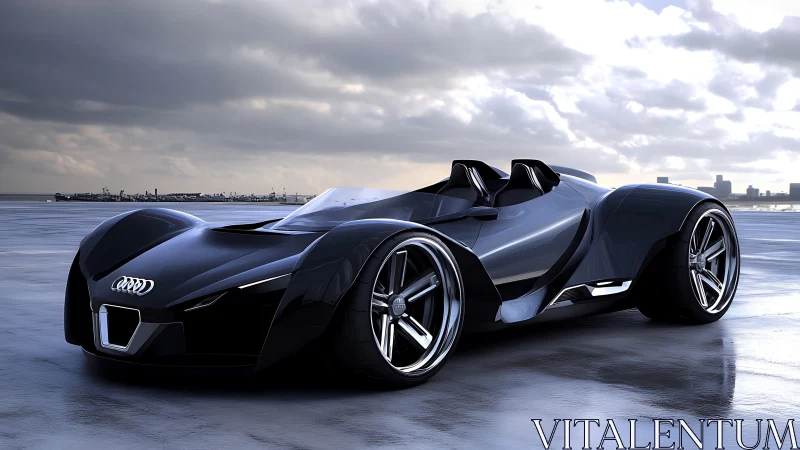 Futuristic black roadster concept stands poised under stormy skies