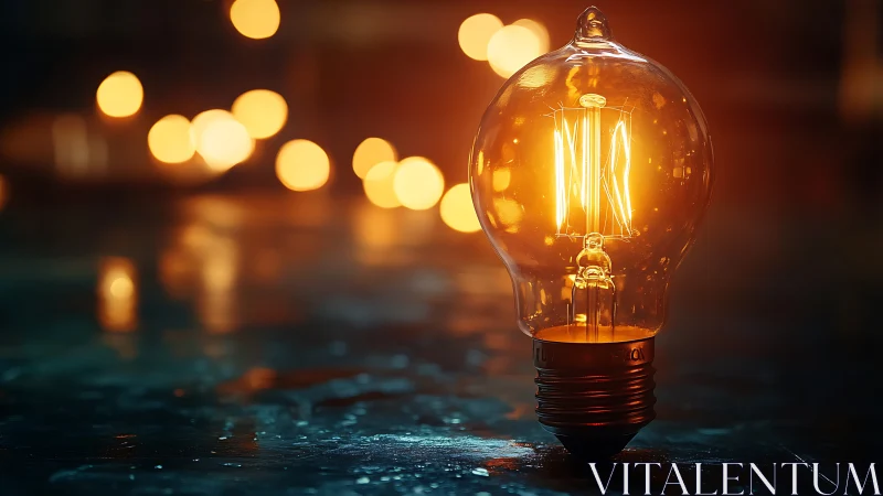 Illuminated filament bulb with blurred lights in background.