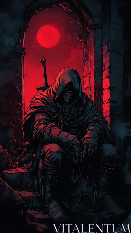 Brooding hooded warrior resting beneath a crimson moon.