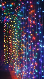 Vertical LED string curtain lights produce dense multicolor bokeh field