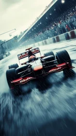 Formula race car accelerates on wet track in heavy rain