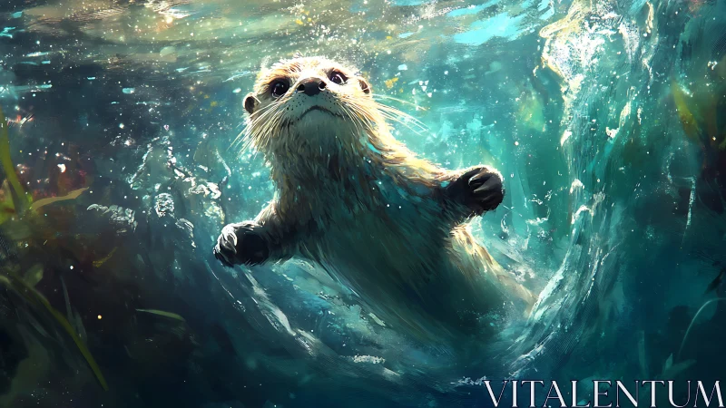Playful otter swims underwater in swirling blue light.