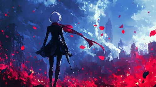 Solitary figure in red scarf facing ruined cityscape.