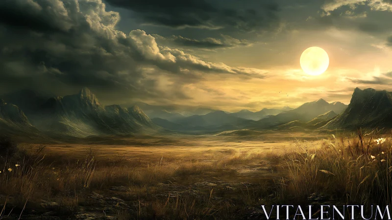 Solar-illuminated valley plain under brooding stratiform clouds