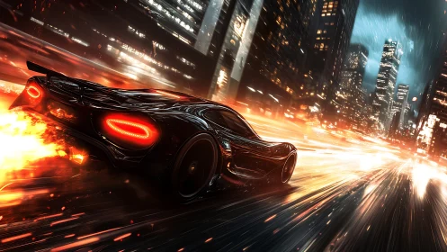 Midnight hypercar ignites neon city streets at speed.