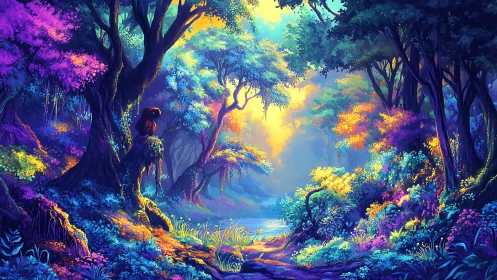 Bioluminescent Forest Canopy with Chromatic Vegetation Layering.