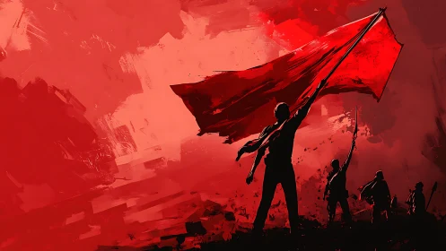 Revolutionary silhouettes raise sweeping red battle flag.