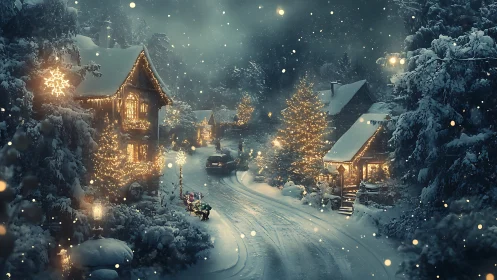 Luminous alpine village street under dynamic snowfall rendering.