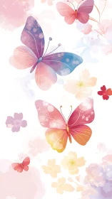 Soft watercolor butterflies drift among pastel blossoms