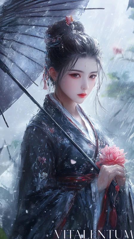 Rainy garden reverie with graceful kimono and umbrella.