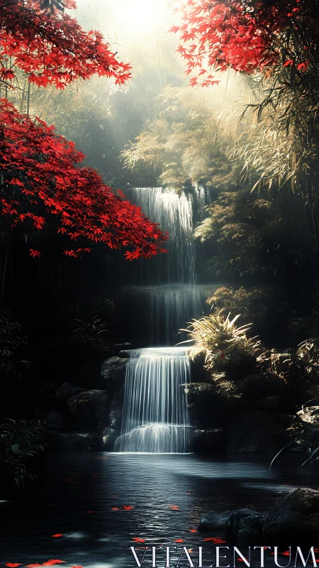 Secret waterfall glen wrapped in crimson autumn light.