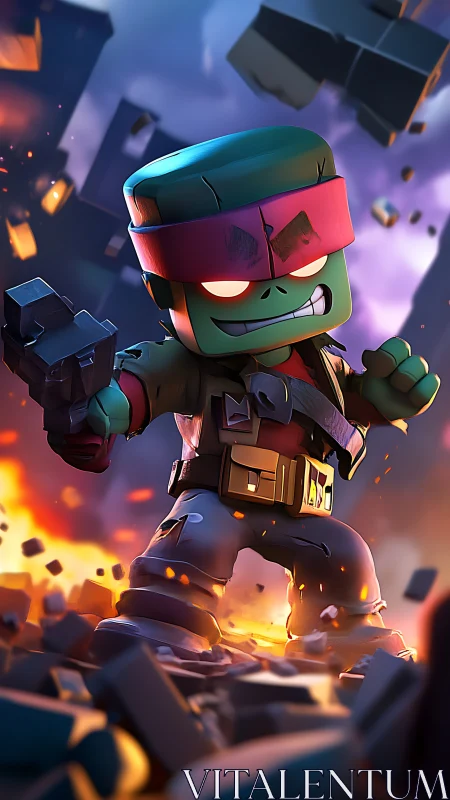 Cartoon soldier avatar in high-gloss 3D render amidst explosion