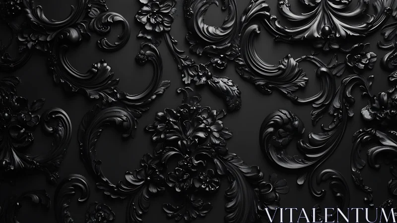 Black baroque scrollwork pattern on matte dark surface.