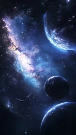 Distant planets with spacecraft in blue nebula field.