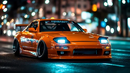 Widebody orange tuner coupe on neon-lit urban street at night